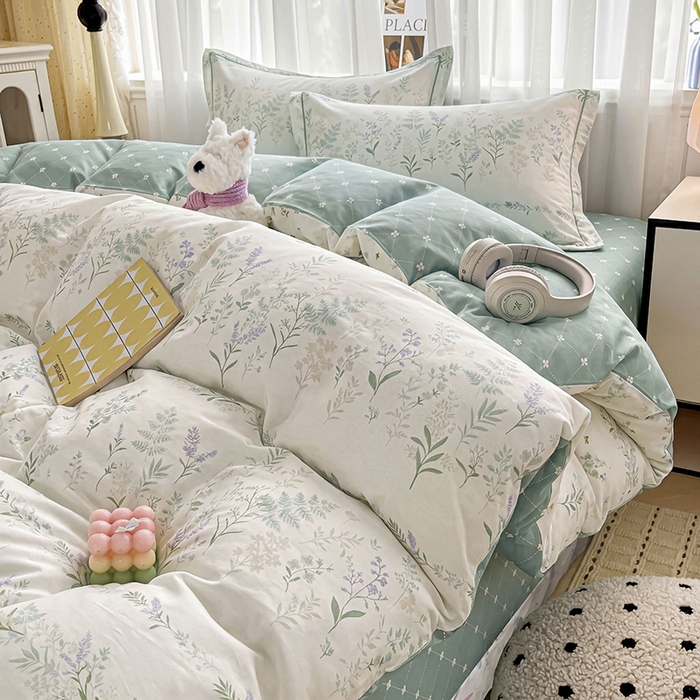 91家纺网 家纺一手货源 找家纺 美织缘家纺 2026直播爆款一字绣吊边床单款纯棉全棉四件套印花百分百（喷气高品质） 田园诗篇-米