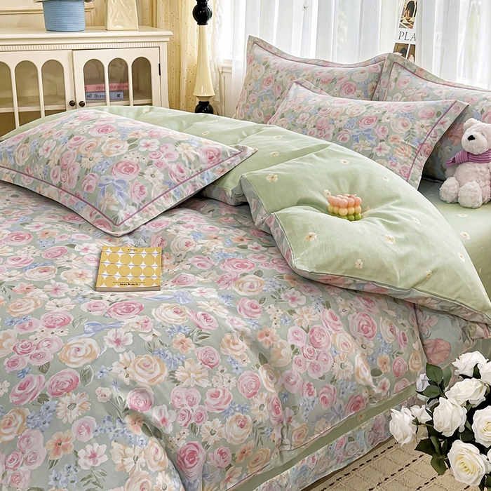 91家纺网 家纺一手货源 找家纺 美织缘家纺 2026直播爆款一字绣吊边床单款纯棉全棉四件套印花百分百（喷气高品质） 花开似锦-粉