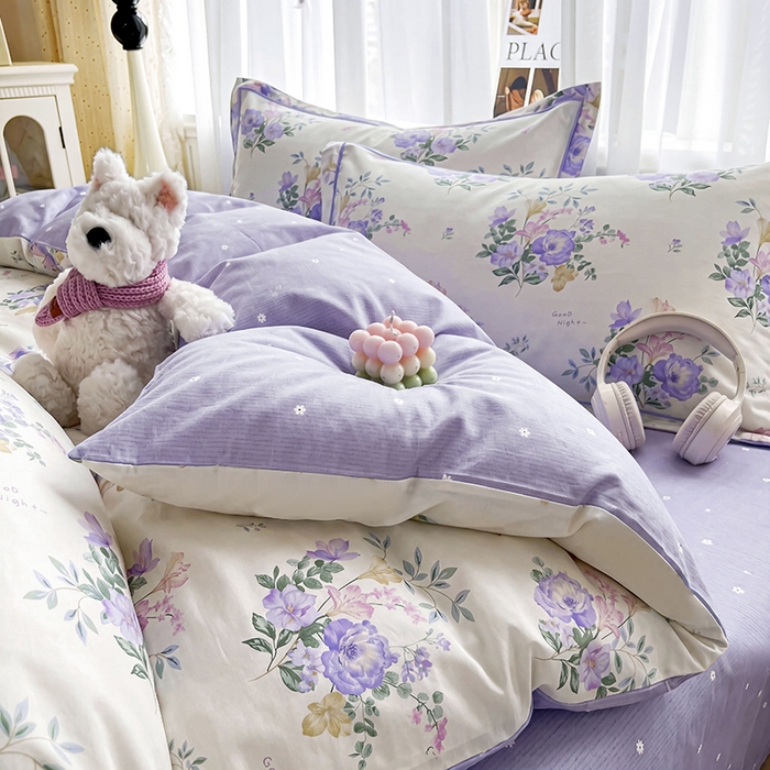 91家纺网 家纺一手货源 找家纺 美织缘家纺 2026直播爆款一字绣吊边床单款纯棉全棉四件套印花百分百（喷气高品质） 嫣然花开-米