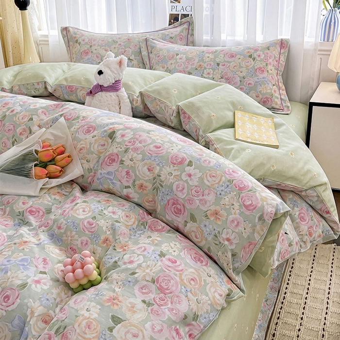 91家纺网 家纺一手货源 找家纺 美织缘家纺 2026直播爆款一字绣吊边床单款纯棉全棉四件套印花百分百（喷气高品质） 花开似锦-粉