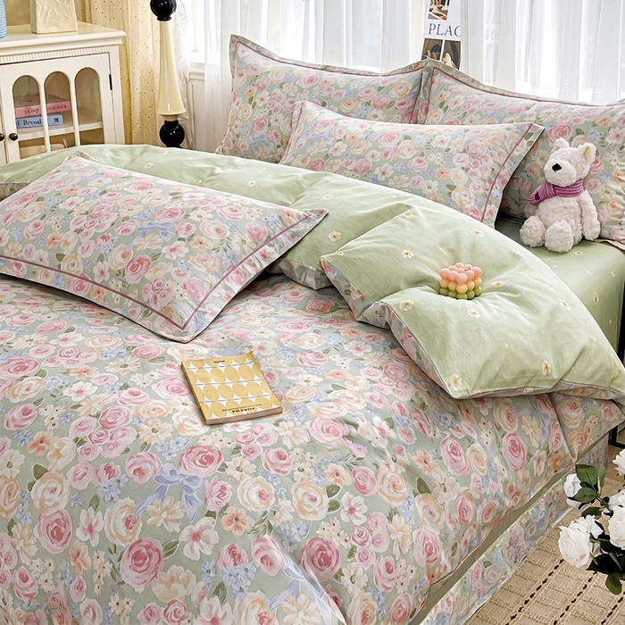 91家纺网 家纺一手货源 找家纺 美织缘家纺 2026直播爆款一字绣吊边床单款纯棉全棉四件套印花百分百（喷气高品质） 花开似锦-粉