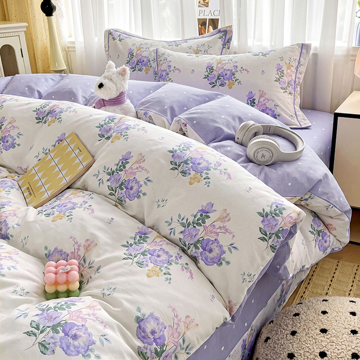 91家纺网 家纺一手货源 找家纺 美织缘家纺 2026直播爆款一字绣吊边床单款纯棉全棉四件套印花百分百（喷气高品质） 嫣然花开-米