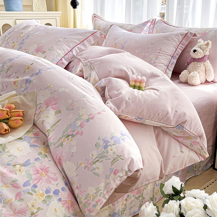 美织缘家纺 2026直播爆款一字绣吊边床单款纯棉全棉四件套印花百分百（喷气高品质） 浣溪沙-粉