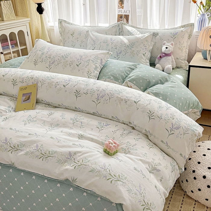 91家纺网 家纺一手货源 找家纺 美织缘家纺 2026直播爆款一字绣吊边床单款纯棉全棉四件套印花百分百（喷气高品质） 田园诗篇-米