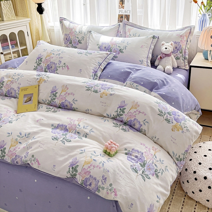 91家纺网 家纺一手货源 找家纺 美织缘家纺 2026直播爆款一字绣吊边床单款纯棉全棉四件套印花百分百（喷气高品质） 嫣然花开-米