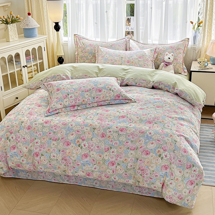 91家纺网 家纺一手货源 找家纺 美织缘家纺 2026直播爆款一字绣吊边床单款纯棉全棉四件套印花百分百（喷气高品质） 花开似锦-粉