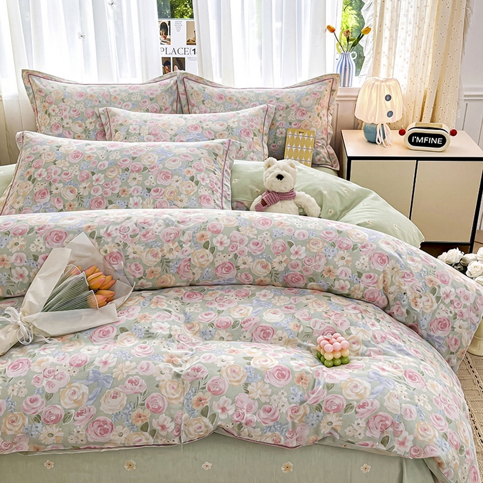 91家纺网 家纺一手货源 找家纺 美织缘家纺 2026直播爆款一字绣吊边床单款纯棉全棉四件套印花百分百（喷气高品质） 花开似锦-粉