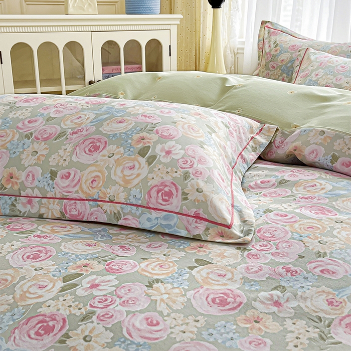 91家纺网 家纺一手货源 找家纺 美织缘家纺 2026直播爆款一字绣吊边床单款纯棉全棉四件套印花百分百（喷气高品质） 花开似锦-粉