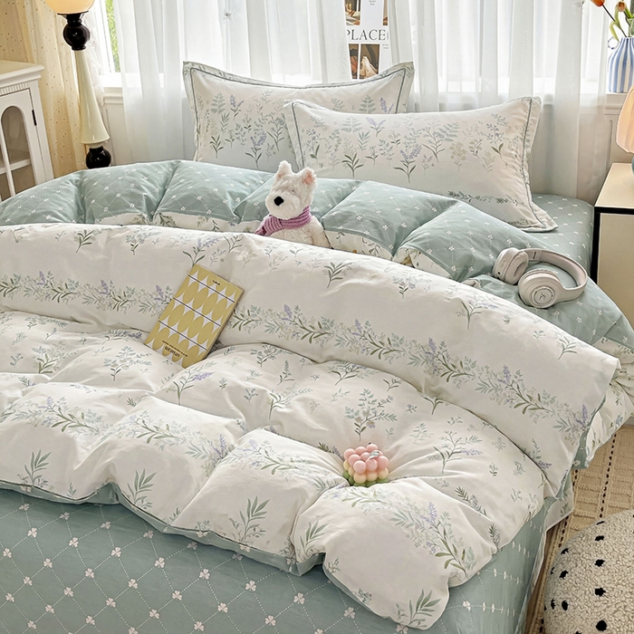 91家纺网 家纺一手货源 找家纺 美织缘家纺 2026直播爆款一字绣吊边床单款纯棉全棉四件套印花百分百（喷气高品质） 田园诗篇-米