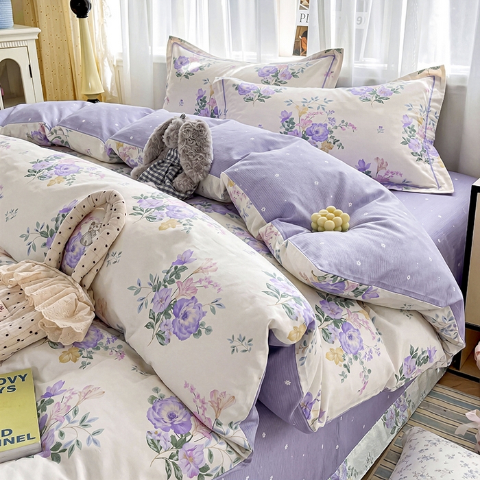 91家纺网 家纺一手货源 找家纺 美织缘家纺 2026直播爆款一字绣吊边床单款纯棉全棉四件套印花百分百（喷气高品质） 嫣然花开-米