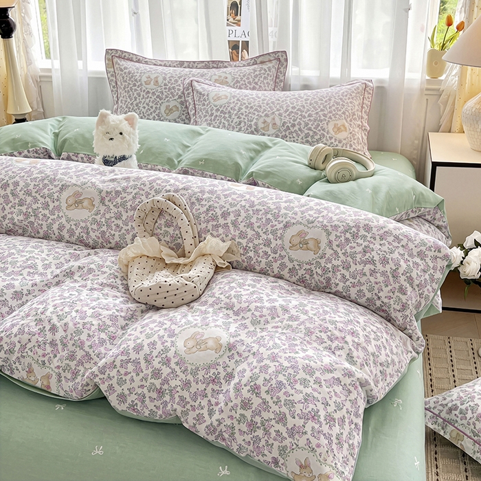 91家纺网 家纺一手货源 找家纺 美织缘家纺 2026直播爆款一字绣吊边床单款纯棉全棉四件套印花百分百（喷气高品质） 粉黛花园-米