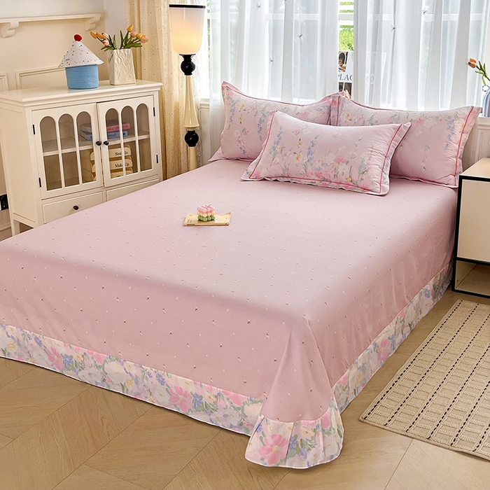 91家纺网 家纺一手货源 找家纺 美织缘家纺 2026直播爆款一字绣吊边床单款纯棉全棉四件套印花百分百（喷气高品质） 浣溪沙-粉