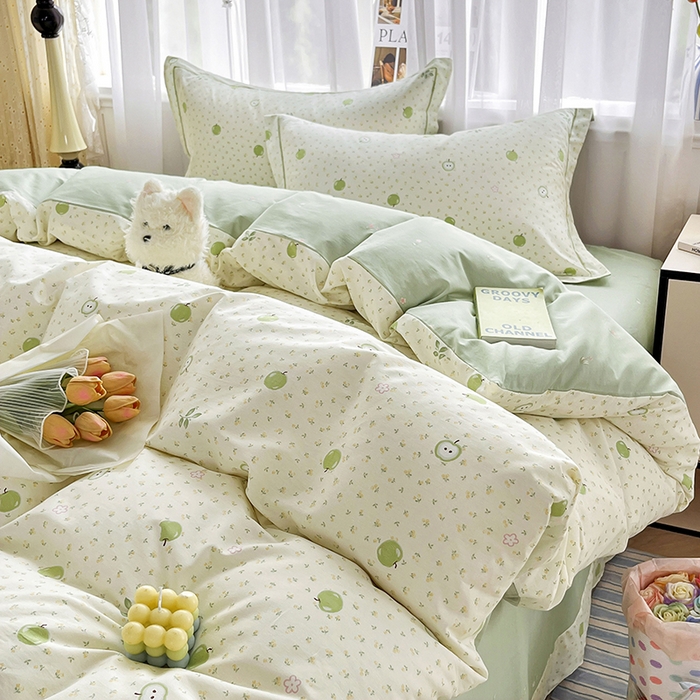 91家纺网 家纺一手货源 找家纺 美织缘家纺 2026直播爆款一字绣吊边床单款纯棉全棉四件套印花百分百（喷气高品质） 小苹果-绿