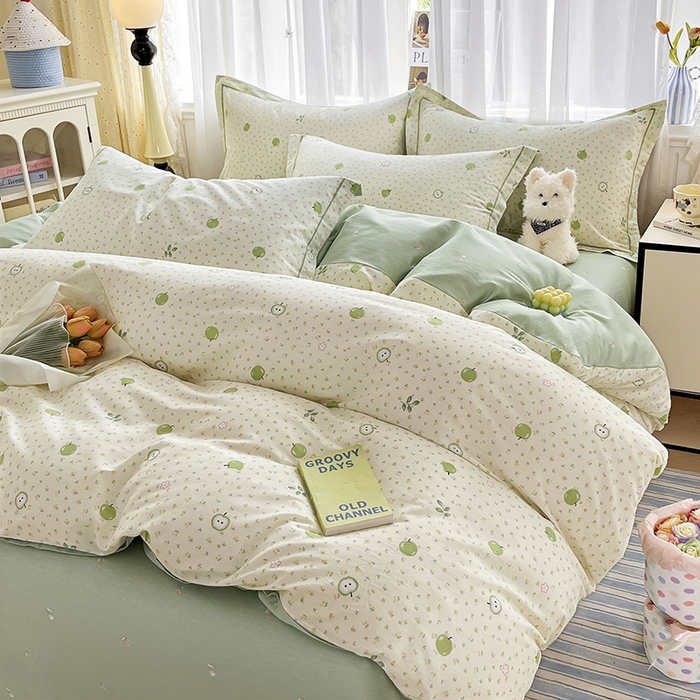 91家纺网 家纺一手货源 找家纺 美织缘家纺 2026直播爆款一字绣吊边床单款纯棉全棉四件套印花百分百（喷气高品质） 小苹果-绿