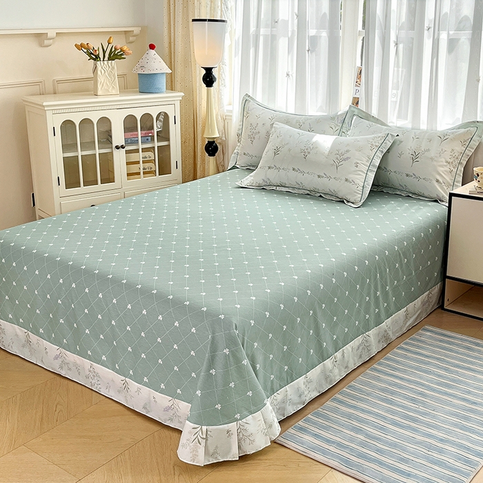 91家纺网 家纺一手货源 找家纺 美织缘家纺 2026直播爆款一字绣吊边床单款纯棉全棉四件套印花百分百（喷气高品质） 田园诗篇-米