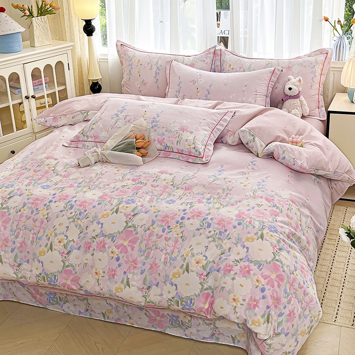 91家纺网 家纺一手货源 找家纺 美织缘家纺 2026直播爆款一字绣吊边床单款纯棉全棉四件套印花百分百（喷气高品质） 浣溪沙-粉