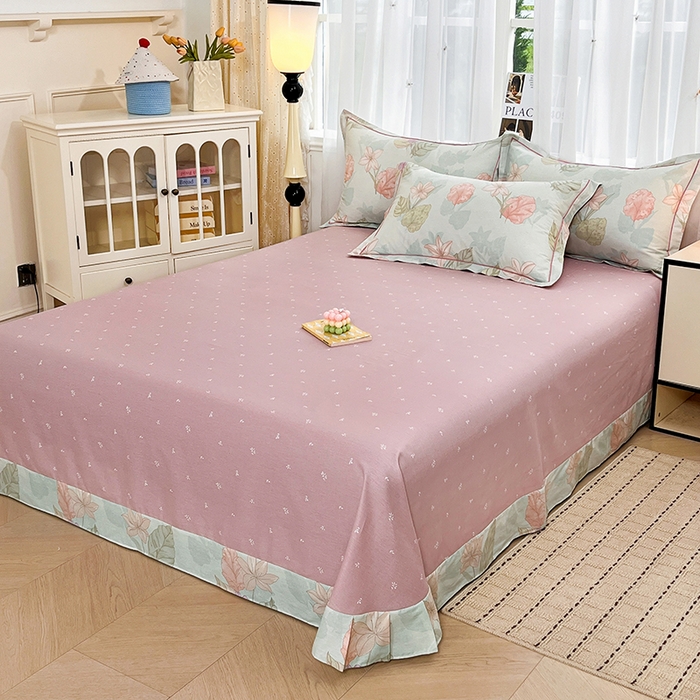 91家纺网 家纺一手货源 找家纺 美织缘家纺 2026直播爆款一字绣吊边床单款纯棉全棉四件套印花百分百（喷气高品质） 叶缦-蓝