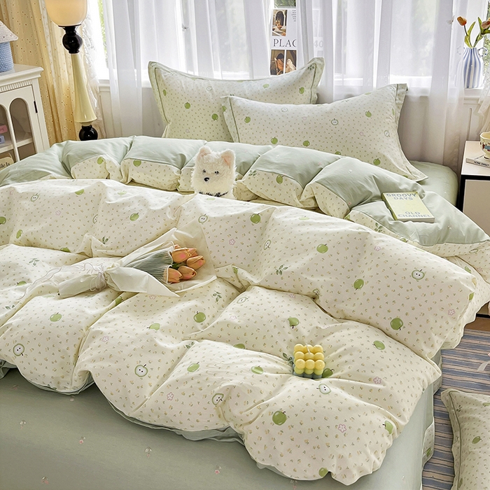 91家纺网 家纺一手货源 找家纺 美织缘家纺 2026直播爆款一字绣吊边床单款纯棉全棉四件套印花百分百（喷气高品质） 小苹果-绿