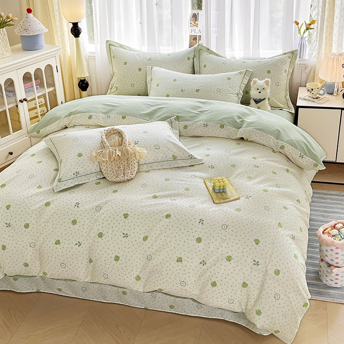 91家纺网 家纺一手货源 找家纺 美织缘家纺 2026直播爆款一字绣吊边床单款纯棉全棉四件套印花百分百（喷气高品质） 小苹果-绿