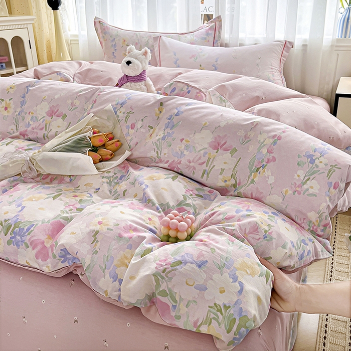 91家纺网 家纺一手货源 找家纺 美织缘家纺 2026直播爆款一字绣吊边床单款纯棉全棉四件套印花百分百（喷气高品质） 浣溪沙-粉