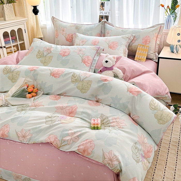 91家纺网 家纺一手货源 找家纺 美织缘家纺 2026直播爆款一字绣吊边床单款纯棉全棉四件套印花百分百（喷气高品质） 叶缦-蓝