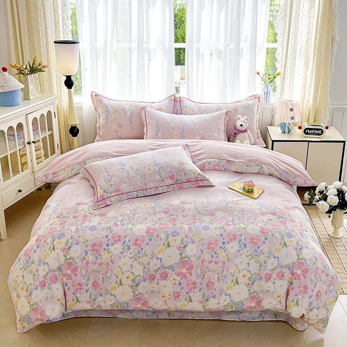 91家纺网 家纺一手货源 找家纺 美织缘家纺 2026直播爆款一字绣吊边床单款纯棉全棉四件套印花百分百（喷气高品质） 浣溪沙-粉