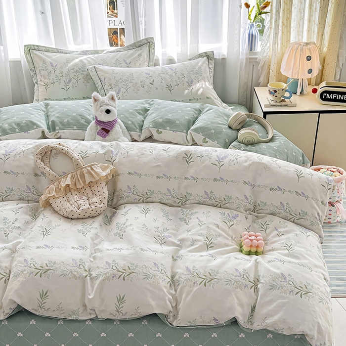 91家纺网 家纺一手货源 找家纺 美织缘家纺 2026直播爆款一字绣吊边床单款纯棉全棉四件套印花百分百（喷气高品质） 田园诗篇-米