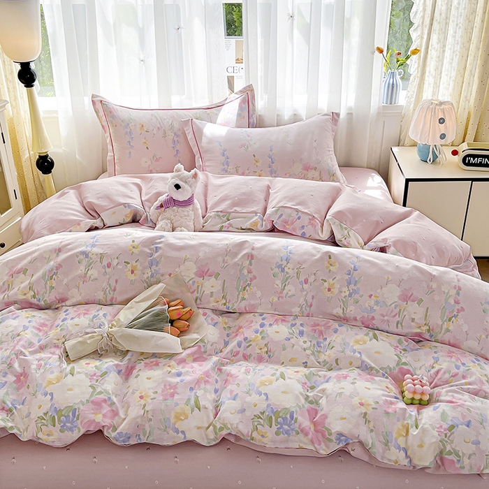 91家纺网 家纺一手货源 找家纺 美织缘家纺 2026直播爆款一字绣吊边床单款纯棉全棉四件套印花百分百（喷气高品质） 浣溪沙-粉