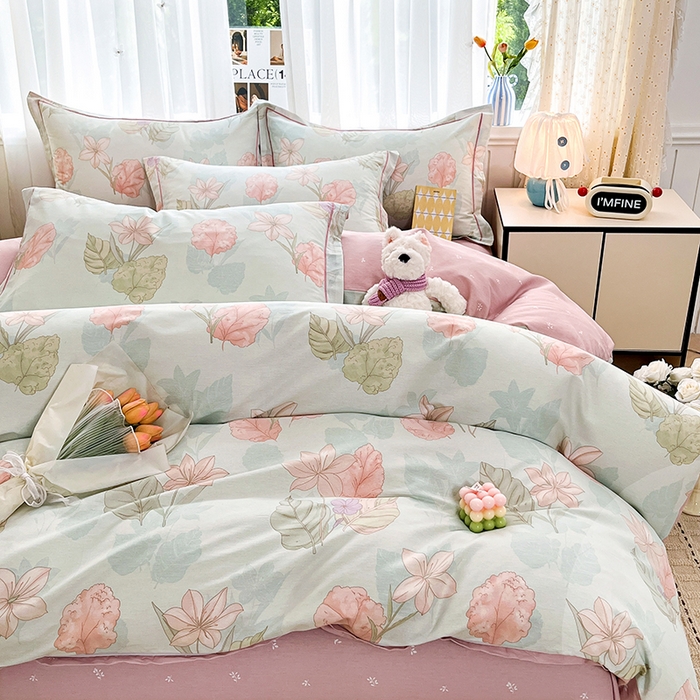 91家纺网 家纺一手货源 找家纺 美织缘家纺 2026直播爆款一字绣吊边床单款纯棉全棉四件套印花百分百（喷气高品质） 叶缦-蓝