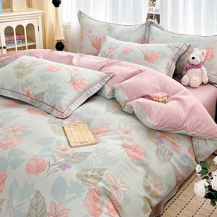 91家纺网 家纺一手货源 找家纺 美织缘家纺 2026直播爆款一字绣吊边床单款纯棉全棉四件套印花百分百（喷气高品质） 叶缦-蓝