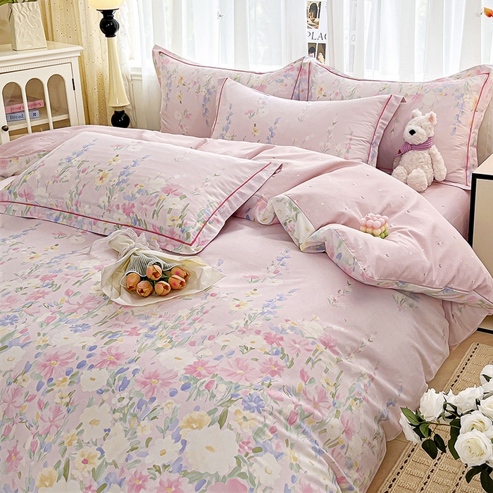 91家纺网 家纺一手货源 找家纺 美织缘家纺 2026直播爆款一字绣吊边床单款纯棉全棉四件套印花百分百（喷气高品质） 浣溪沙-粉