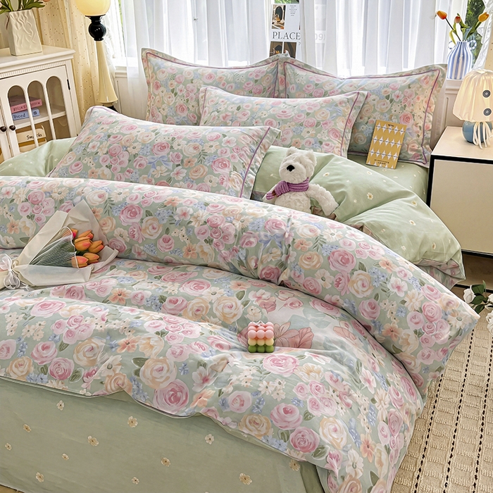 91家纺网 家纺一手货源 找家纺 美织缘家纺 2026直播爆款一字绣吊边床单款纯棉全棉四件套印花百分百（喷气高品质） 花开似锦-粉