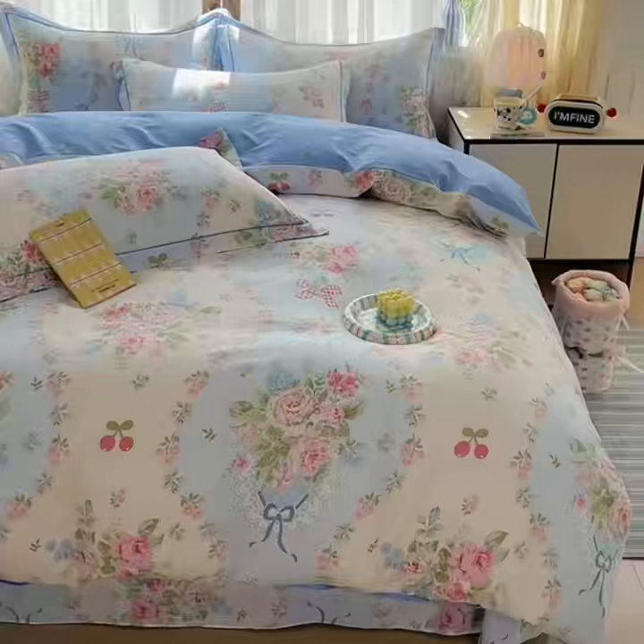 91家纺网 家纺一手货源 找家纺 美织缘家纺 2026直播爆款一字绣吊边床单款纯棉全棉四件套印花百分百（喷气高品质） 爱丽丝-蓝