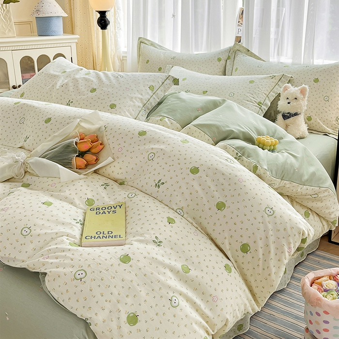 91家纺网 家纺一手货源 找家纺 美织缘家纺 2026直播爆款一字绣吊边床单款纯棉全棉四件套印花百分百（喷气高品质） 小苹果-绿
