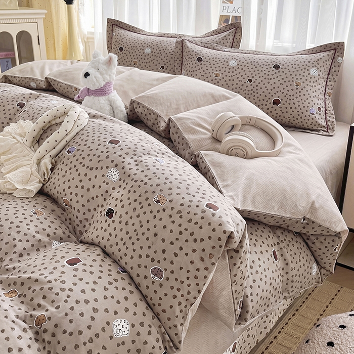 美织缘家纺 2026直播爆款一字绣吊边床单款纯棉全棉四件套印花百分百（喷气高品质） 初享时光-咖