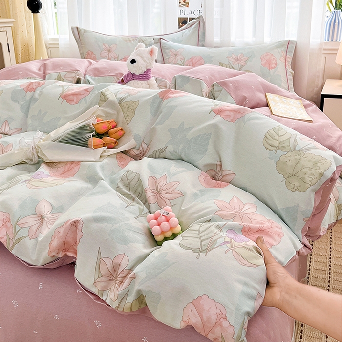 91家纺网 家纺一手货源 找家纺 美织缘家纺 2026直播爆款一字绣吊边床单款纯棉全棉四件套印花百分百（喷气高品质） 叶缦-蓝