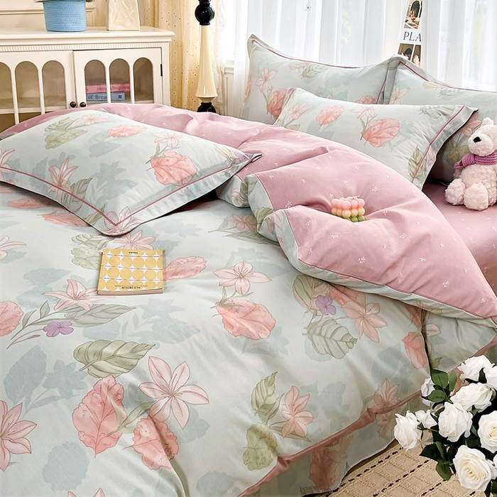 91家纺网 家纺一手货源 找家纺 美织缘家纺 2026直播爆款一字绣吊边床单款纯棉全棉四件套印花百分百（喷气高品质） 叶缦-蓝