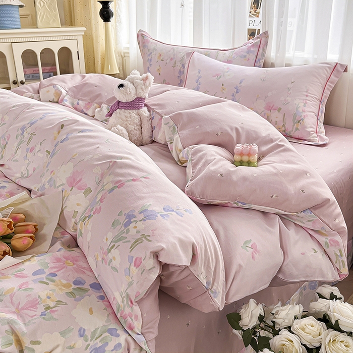 91家纺网 家纺一手货源 找家纺 美织缘家纺 2026直播爆款一字绣吊边床单款纯棉全棉四件套印花百分百（喷气高品质） 浣溪沙-粉