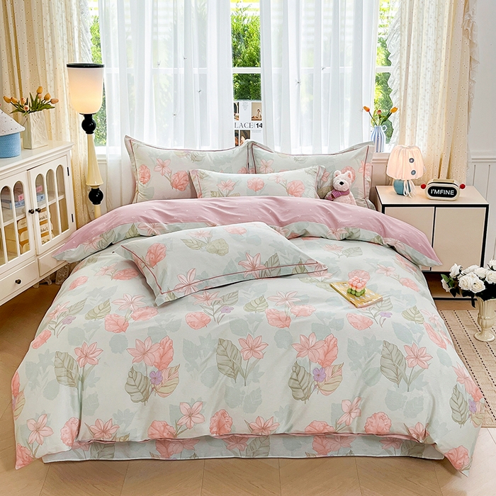 91家纺网 家纺一手货源 找家纺 美织缘家纺 2026直播爆款一字绣吊边床单款纯棉全棉四件套印花百分百（喷气高品质） 叶缦-蓝