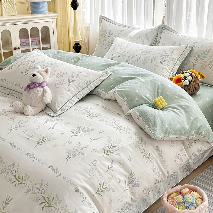 91家纺网 家纺一手货源 找家纺 美织缘家纺 2026直播爆款一字绣吊边床单款纯棉全棉四件套印花百分百（喷气高品质） 田园诗篇-米