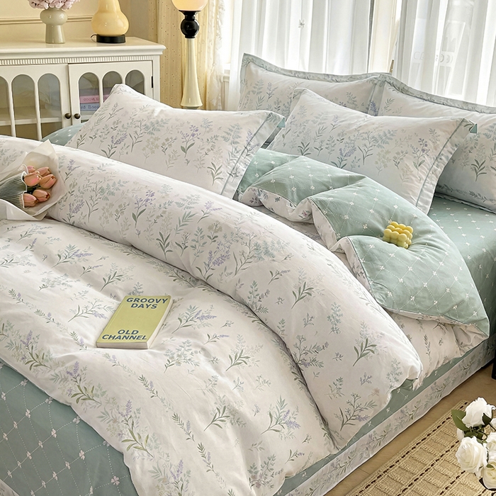 91家纺网 家纺一手货源 找家纺 美织缘家纺 2026直播爆款一字绣吊边床单款纯棉全棉四件套印花百分百（喷气高品质） 田园诗篇-米