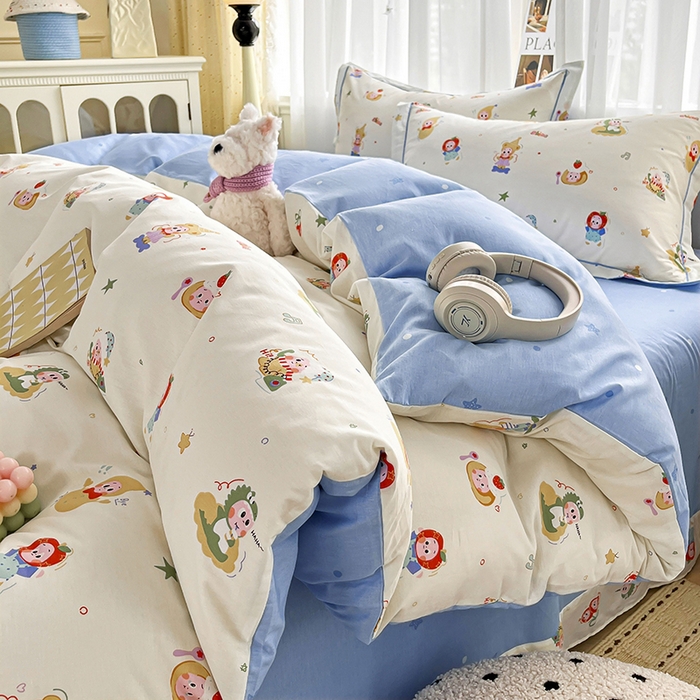 91家纺网 家纺一手货源 找家纺 美织缘家纺 2026直播爆款一字绣吊边床单款纯棉全棉四件套印花百分百（喷气高品质） 甜梦精灵-米