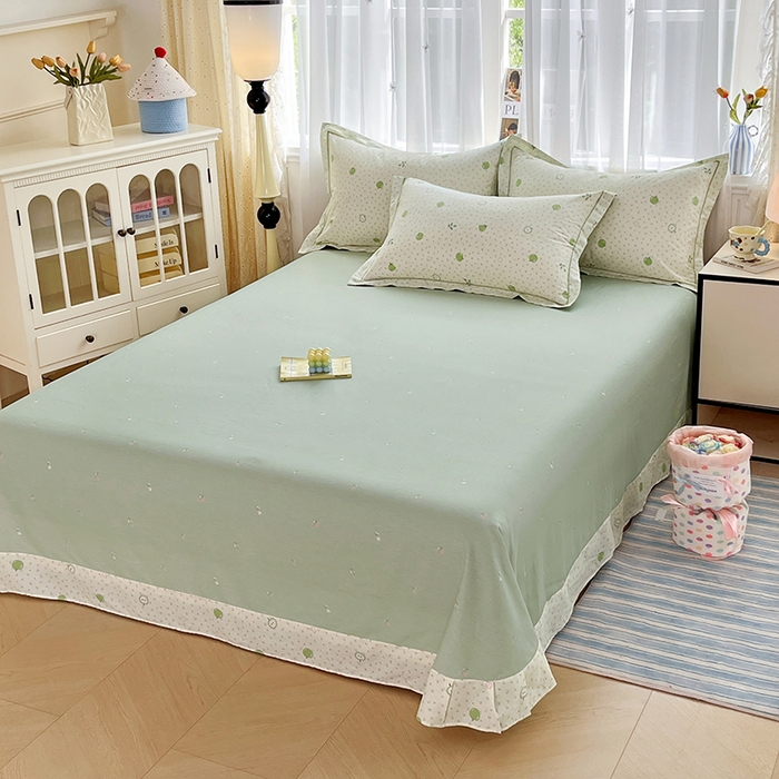 91家纺网 家纺一手货源 找家纺 美织缘家纺 2026直播爆款一字绣吊边床单款纯棉全棉四件套印花百分百（喷气高品质） 小苹果-绿