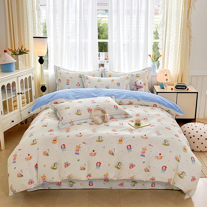 91家纺网 家纺一手货源 找家纺 美织缘家纺 2026直播爆款一字绣吊边床单款纯棉全棉四件套印花百分百（喷气高品质） 甜梦精灵-米