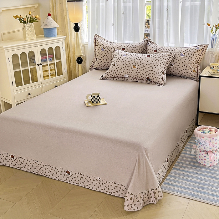 91家纺网 家纺一手货源 找家纺 美织缘家纺 2026直播爆款一字绣吊边床单款纯棉全棉四件套印花百分百（喷气高品质） 初享时光-咖