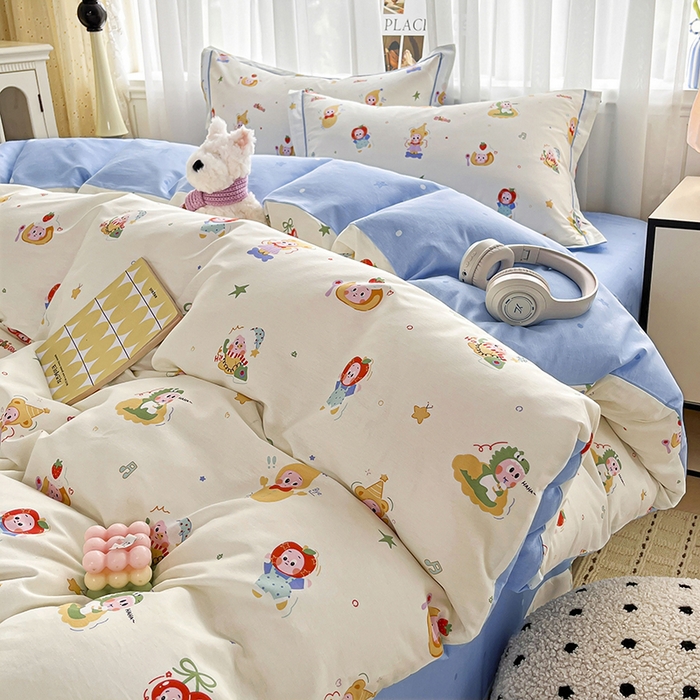 91家纺网 家纺一手货源 找家纺 美织缘家纺 2026直播爆款一字绣吊边床单款纯棉全棉四件套印花百分百（喷气高品质） 甜梦精灵-米