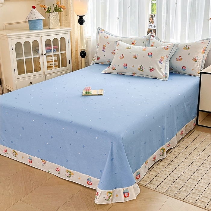 91家纺网 家纺一手货源 找家纺 美织缘家纺 2026直播爆款一字绣吊边床单款纯棉全棉四件套印花百分百（喷气高品质） 甜梦精灵-米