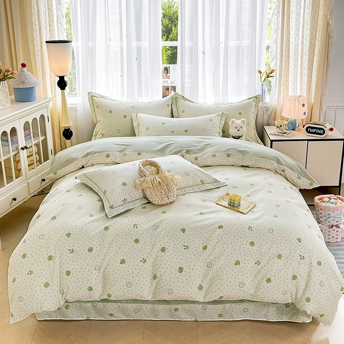 91家纺网 家纺一手货源 找家纺 美织缘家纺 2026直播爆款一字绣吊边床单款纯棉全棉四件套印花百分百（喷气高品质） 小苹果-绿