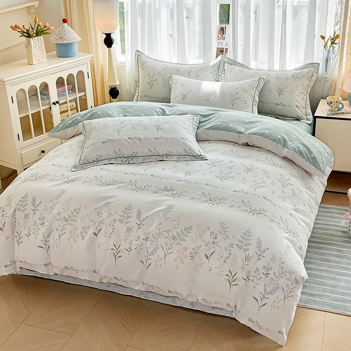 91家纺网 家纺一手货源 找家纺 美织缘家纺 2026直播爆款一字绣吊边床单款纯棉全棉四件套印花百分百（喷气高品质） 田园诗篇-米