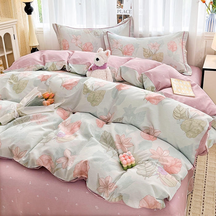 91家纺网 家纺一手货源 找家纺 美织缘家纺 2026直播爆款一字绣吊边床单款纯棉全棉四件套印花百分百（喷气高品质） 叶缦-蓝